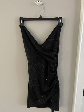 Ruched V-Neck Black Sparkle Mini Dress